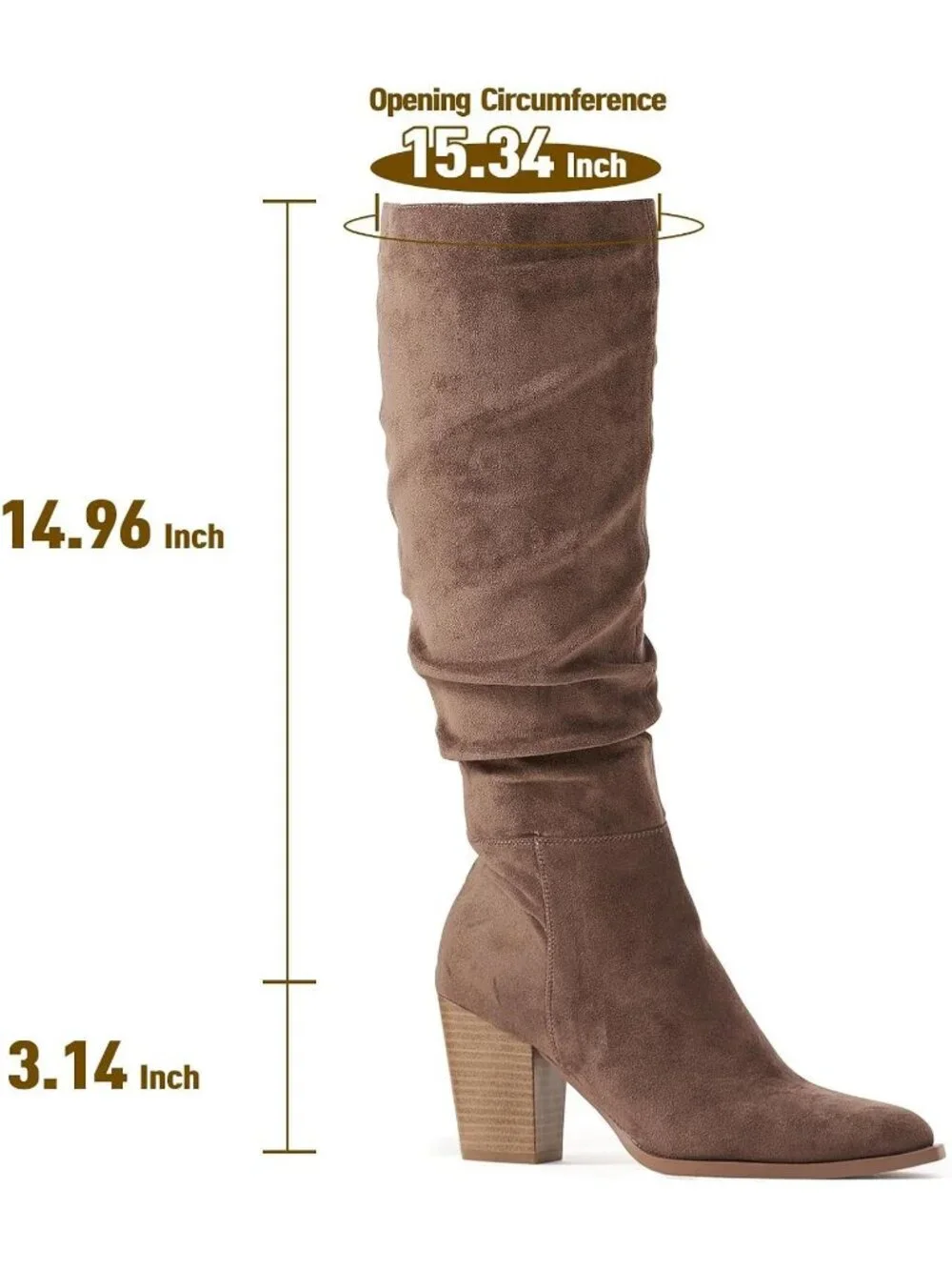 Women's  Khaki Knee High Faux Suede Pointed Toe Slouch Boots with Chunky Heel